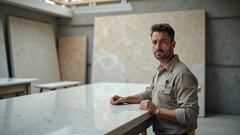Craftsperson standing at a finished stone countertop