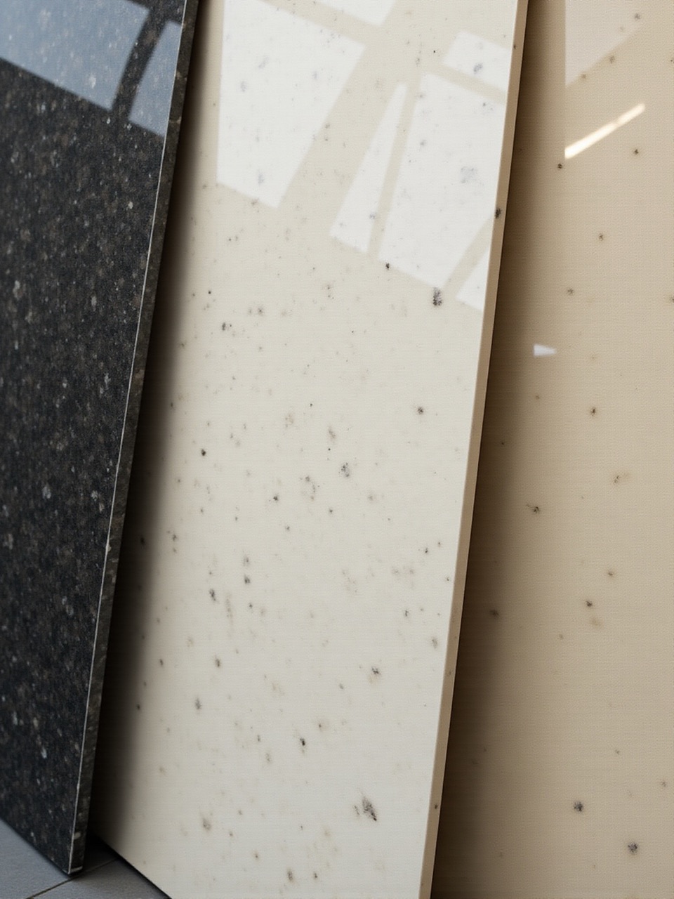 Polished granite slab samples in dark and light finishes