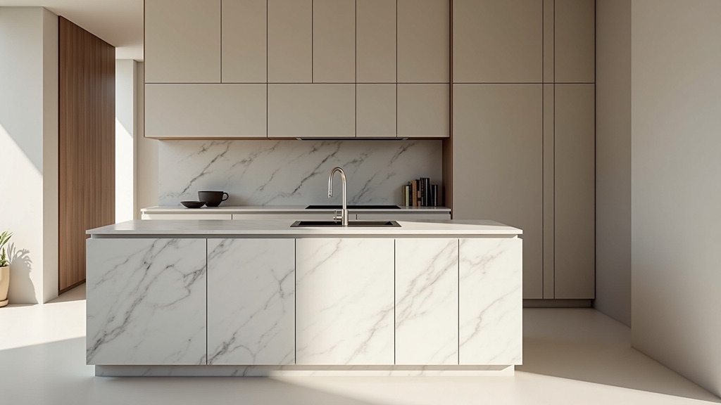 Modern kitchen with a marble-fronted island